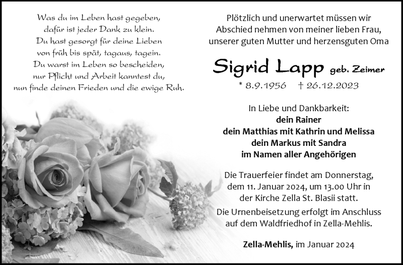  Traueranzeige für Sigrid Lapp vom 06.01.2024 aus 80048