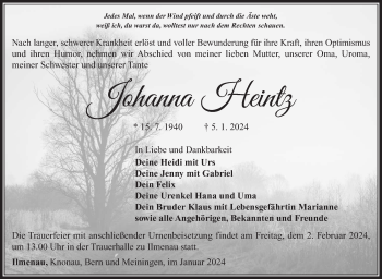 Traueranzeige von Johanna Heintz von Südthüringer Presse