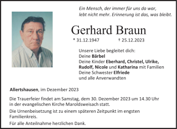 Traueranzeige von Gerhard Braun von Neue Presse Coburg