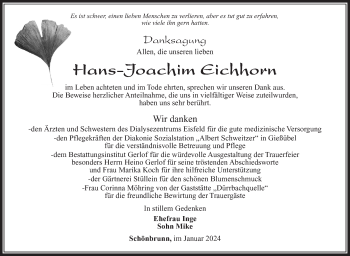 Traueranzeige von Hans-Joachim Eichhorn von Südthüringer Presse