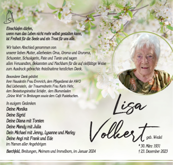 Traueranzeige von Lisa Volkert von Südthüringer Presse