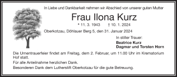 Traueranzeige von Ilona Kurz von Frankenpost