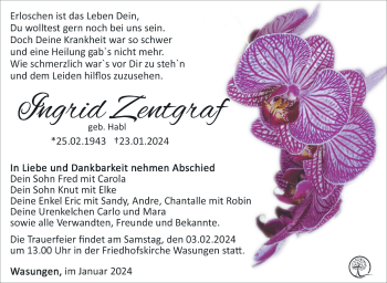 Traueranzeige von Ingrid Zentraf von Südthüringer Presse
