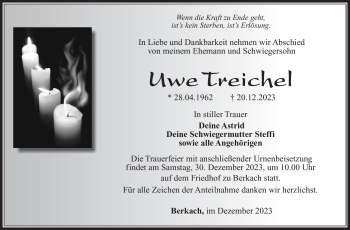 Traueranzeige von Uwe Treichel von Südthüringer Presse