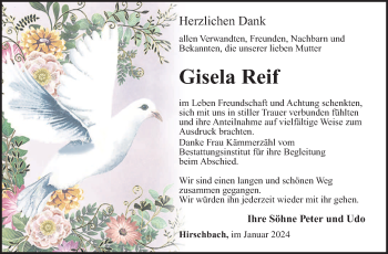 Traueranzeige von Gisela Reif von Südthüringer Presse