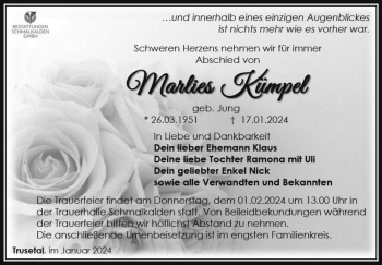 Traueranzeige von Marlies Kümpel von Südthüringer Presse