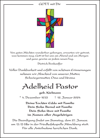 Traueranzeige von Adelheid Pastor von Frankenpost