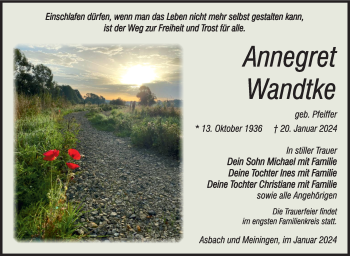 Traueranzeige von Annegret Wandtke von Südthüringer Presse