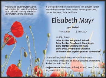 Traueranzeige von Elisabeth Mayr von Südthüringer Presse