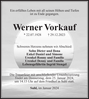 Traueranzeige von Werner Vorkauf von 80048