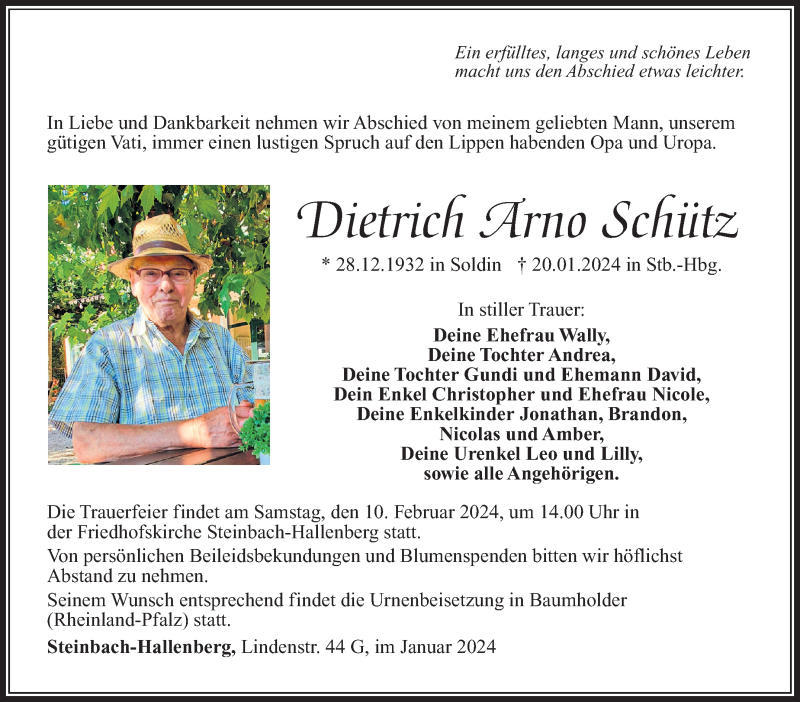  Traueranzeige für Dietrich Schütz vom 27.01.2024 aus Südthüringer Presse