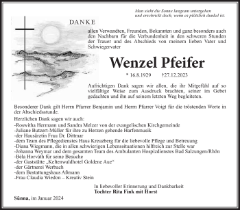 Traueranzeige von Wenzel Pfeiffer von Südthüringer Presse