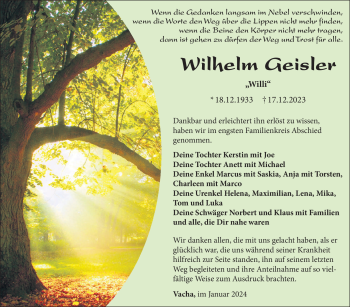 Traueranzeige von Wilhelm Geisler von 80048