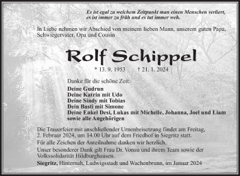 Traueranzeige von Rolf Schippel von Südthüringer Presse