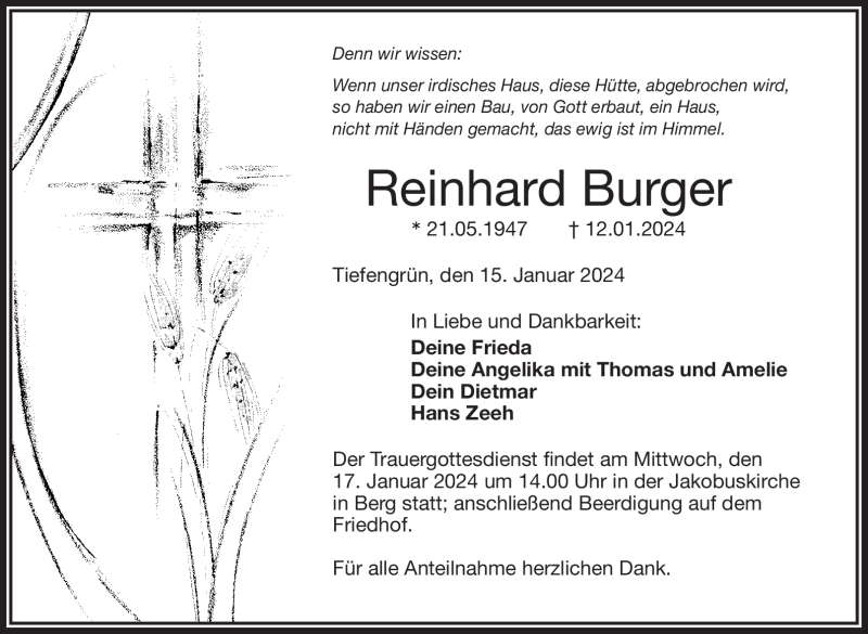  Traueranzeige für Reinhard Burger vom 15.01.2024 aus 80048