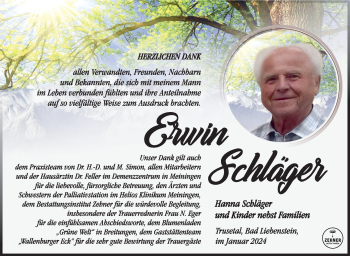 Traueranzeige von Erwin Schläger von Südthüringer Presse
