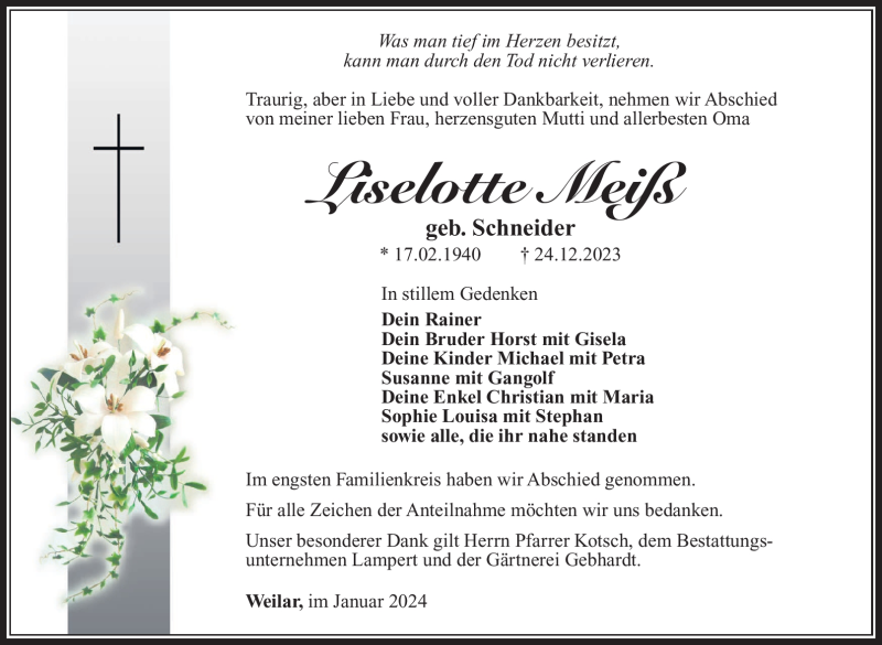  Traueranzeige für Liselotte Meiß vom 13.01.2024 aus 80048