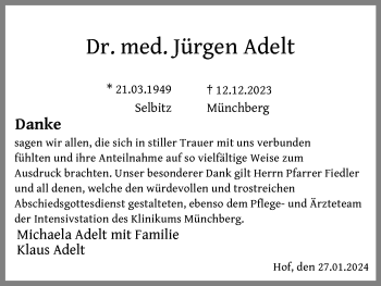 Traueranzeige von Jürgen Adelt von Frankenpost