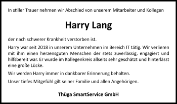 Traueranzeige von Harry Lang von 80048