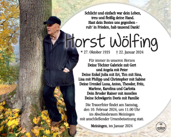 Traueranzeige von Horst Wölfing von Südthüringer Presse