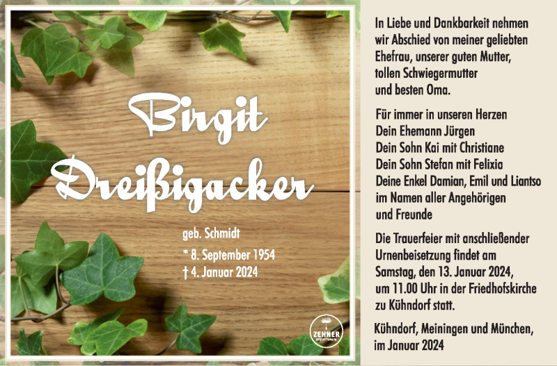  Traueranzeige für Birgit Dreißigacker vom 10.01.2024 aus 80048