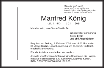 Traueranzeige von Manfred König von Frankenpost