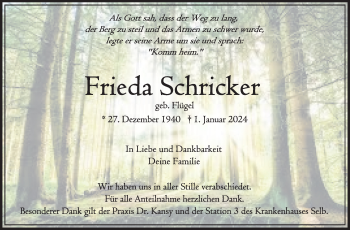 Traueranzeige von Frieda Schricker von Frankenpost