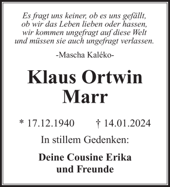 Traueranzeige von Klaus Ortwin Marr von 80048