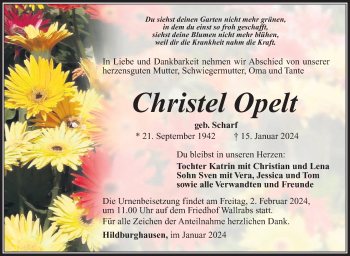 Traueranzeige von Christel Opelt von Südthüringer Presse