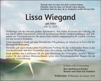 Traueranzeige von Lissa Wiegand von Südthüringer Presse