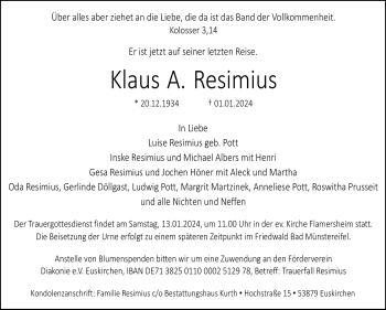 Traueranzeige von Klaus Resimius von 80048