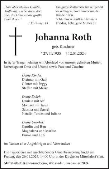 Traueranzeige von Johanna Roth von 80048