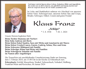 Traueranzeige von Klaus Franz von Südthüringer Presse