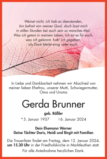 Traueranzeige von Gerda Brunner von 80048