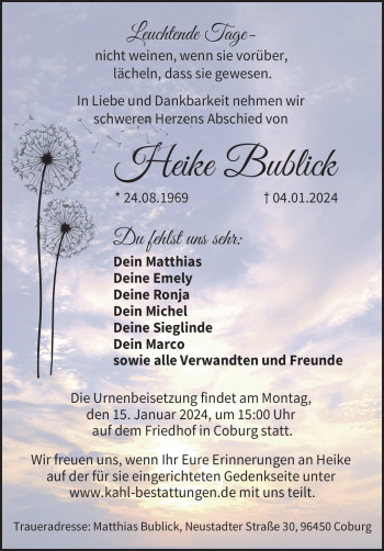 Traueranzeige von Heike Bublick von 80048