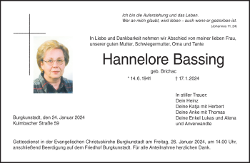 Traueranzeige von Hannelore Bassing von 80048