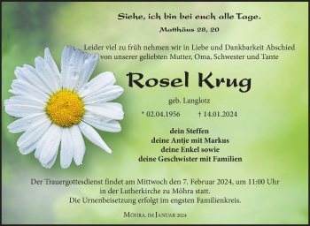 Traueranzeige von Rosel Krug von Südthüringer Presse