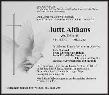 Traueranzeige von Jutta Althans von 80048