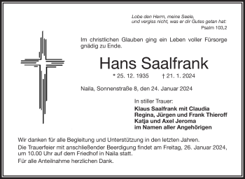 Traueranzeige von Hans Saalfrank von 80048