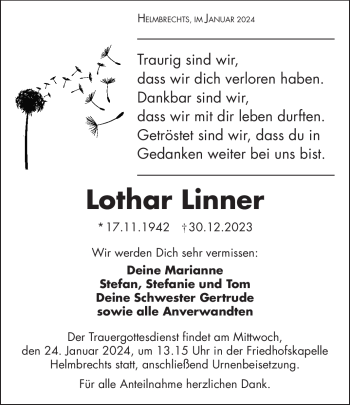 Traueranzeige von Lothar Linner von 80048