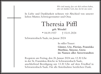 Traueranzeige von Theresia Piffl von 80048