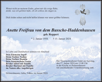 Traueranzeige von Anette Freifrau von dem Bussche-Haddenhausen von Südthüringer Presse
