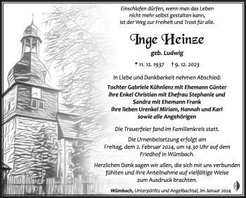 Traueranzeige von Inge Heinze von Südthüringer Presse