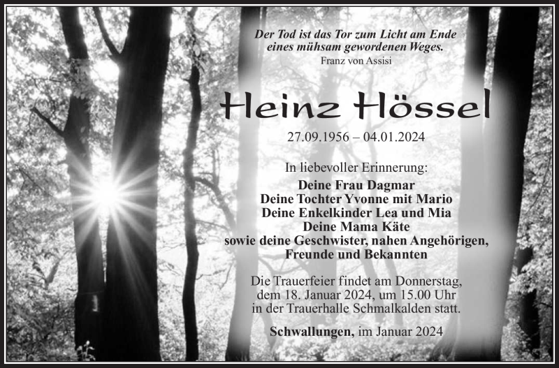  Traueranzeige für Heinz Hössel vom 13.01.2024 aus 80048