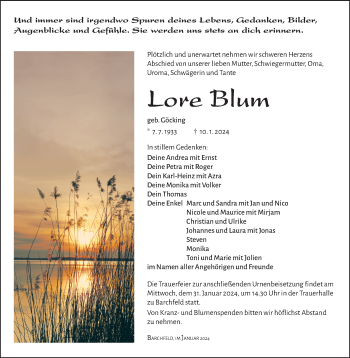 Traueranzeige von Lore Blum von Südthüringer Presse