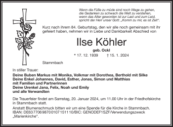 Traueranzeige von Ilse Köhler von 80048