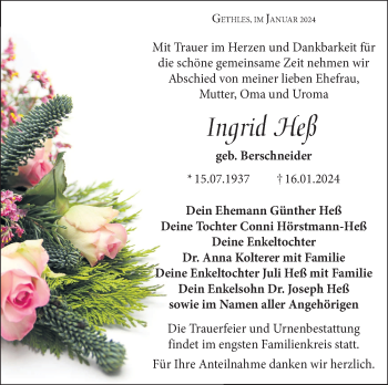 Traueranzeige von Ingrid Heß von Südthüringer Presse