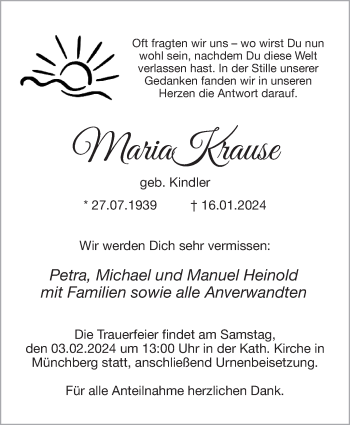 Traueranzeige von Maria Krause von Frankenpost