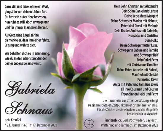 Traueranzeige von Gabriela Schnaus von Südthüringer Presse