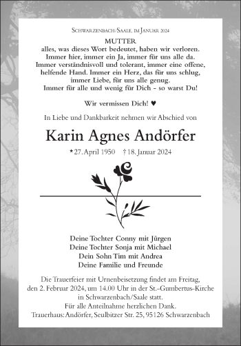 Traueranzeige von Karin Andörfer von Frankenpost